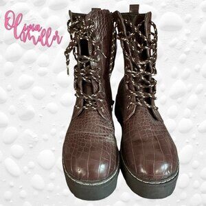 Olivia Miller Ladies Brown Reptile Combat Style Platform Boots Size 8 NWOT